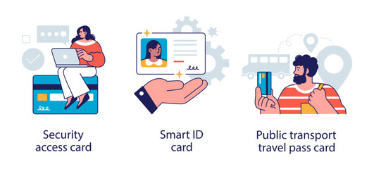 Identity document. Keyless entry system. City transport ticket. Security access card, smart id card metaphors