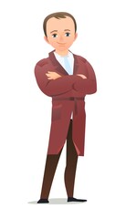 Little boy in autumn cloak. Teen in warm clothes for rain. Cheerful person. Standing pose. Cartoon comic style flat design. Single character. Illustration isolated on white background. Vector