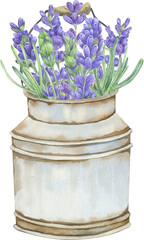Watercolor lavender bouquets in vintage garden pots. Gardening illustration.