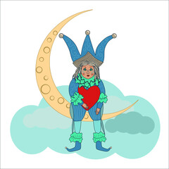 Vector picture of harlequin. Moon, clouds, heart.