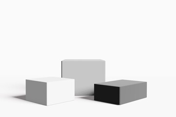 Gray and black pedestal display with box stand concept. Podium for brand promotion products, realistic 3d digital rendering
