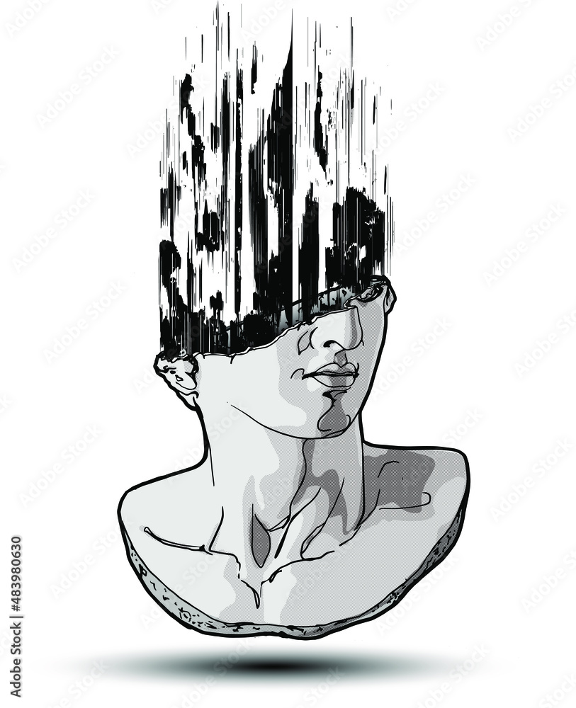 Aufkleber vector hand drawn illustration of classical sculpture fragment of colossal head with vertical grunge