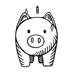 Piggy bank isolated on white background. Box for safe savings, coins, cash, gold. Money pig in doodle style.