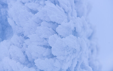 Closeup view of a frozen winter landscape on top of the mountains. Trees are covered in snow after massive snowfall and powerful blizzard. Nature photography.