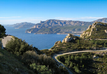 Calanques cliffs coast near Marseille with scenic winding road between Cassis and La Ciotat