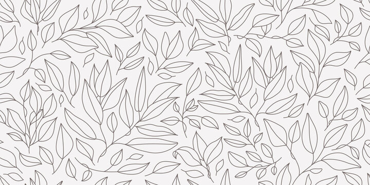 Seamless pattern with one line leaves. Vector floral background in trendy minimalistic linear style