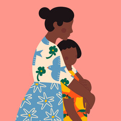 Portrait of a Mother hugging her kid. Loving family, parenthood, togetherness, childcare concept. Silhouette of a Mother and her child. Happy Mother's Day card template. Hand drawn Vector illustration