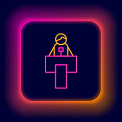 Glowing neon line Stage stand or debate podium rostrum icon isolated on black background. Conference speech tribune. Colorful outline concept. Vector