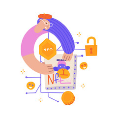 Female artist selling her artwork online. Painter holding piece of art. Technology of selling NFT tokens for cryptocurrency. Flat hand drawn vector illustration.
