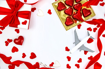 Background isolate with hearts and airplane. Valentine's Day. Selective focus.