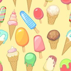 Ice cream pattern seamless. Background illustration. Wallpaper print. In waffle glasses and cones. Popsicle on sticks. Summer food sweet dessert. Flat design. Vector.