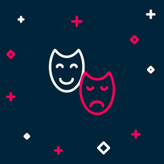Line Comedy and tragedy theatrical masks icon isolated on blue background. Colorful outline concept. Vector