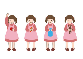 Obraz premium セット素材：エプロンをして、様々なアイテムを持って手伝いをする女の子