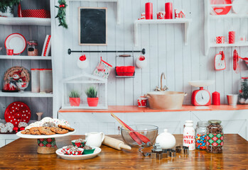 kitchen and set up for baking cookies utensils and kitchen utensils