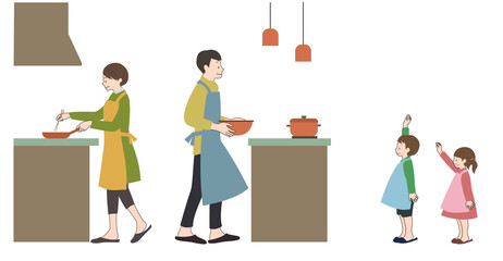 エプロンをして笑顔で料理をする夫婦と、お手伝いをする子供たちの家族のイラスト