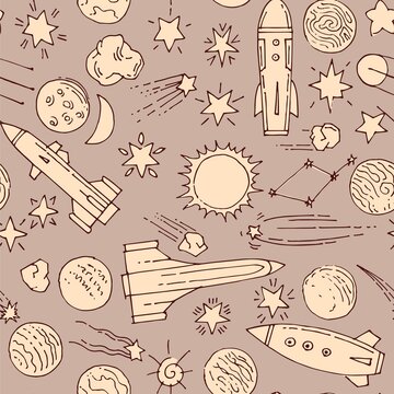Brown Space background. Seamless pattern. Planets and stars. Beautiful space object with rocet. Simple doodle drawing in childish style. Outline sketch. Hand drawing. Vector