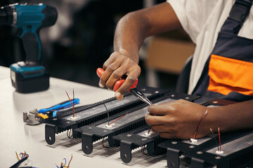 Hands with tongs working manually with fixing wires