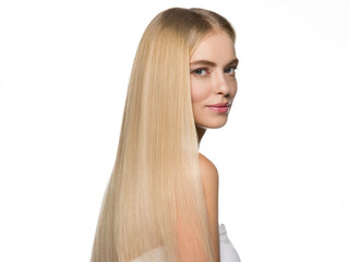 Long smooth hair beauty woman portrait blonde hairstyle healthy hair skin. Isolated on white.