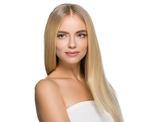 Long smooth hair beauty woman portrait blonde hairstyle. Touching her face.  Isolated on white.