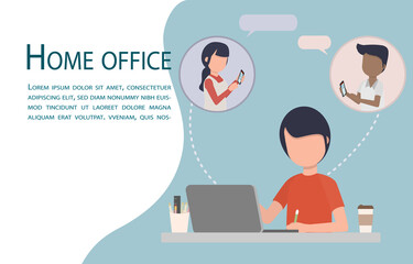 Short hair woman working at home to prevent COVID-19. Sitting at a desk, looking at laptop screen and connect with colleagues. Online home office concept. Vector illustration Eps10.