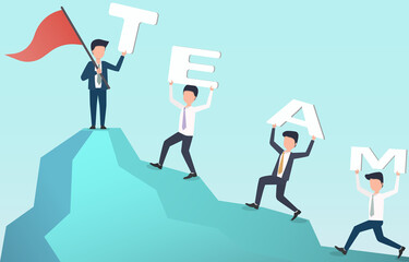 Businessman holding a puzzle T,E,A,M following the leader to the top of the mountain. Business project teamwork concept Vector illustration Eps10.