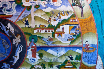 Colorful mural with a Buddhist story in Mongar Dzong monastery, Mongar, Bhutan, Asia