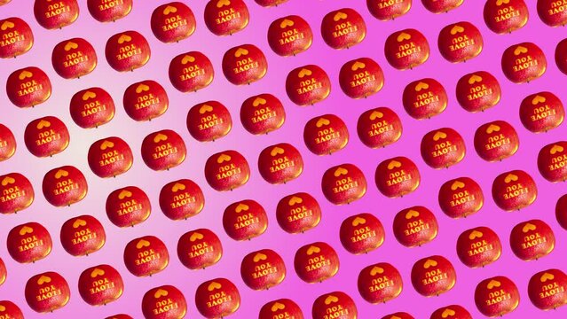 A nice colorful  3 in 1 animation: a different sides and size animations for 10 sec pattern made of Apples with an inscription I love you and a heart, on pink color gradient animated backgroundnd