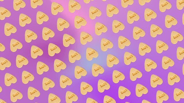 Interesting circular rotate animation pattern with Sweet hearts shaped yellow Sugar Pill Candy on a trending ligh pink-purpule multi colored gradient background. 3 in 1 animations for 10 sec. Romantic