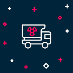 Line Truck with radiation materials icon isolated on blue background. Colorful outline concept. Vector