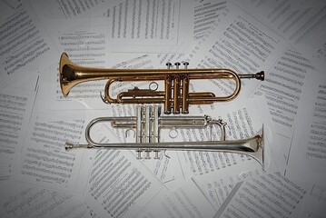 Photo of two trumpets, a golden one and a silvery one, laying on top of musical sheets.