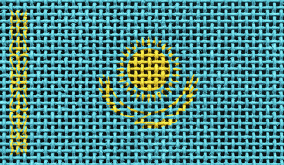 Kazakhstan flag on the surface of a metal lattice. 3D image