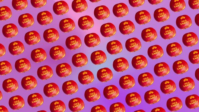 Interesting circular rotate animation pattern with a large red apples with a yellow inscription I love you and a heart on a pink-purpule gradient background. 3 in 1 animations for 10 sec. Romantic con