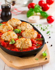 Meatballs. Homemade meatballs with tomato sauce on a plate on a table. Italian cuisine. Selective focus.