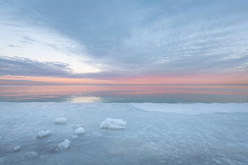 Icy shore of lake Michigan at Near North Side, Chicago.