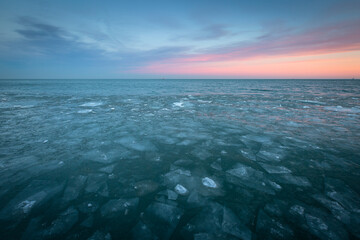 Ice floats on lake Michigan at North Avenue Beach, Chicago.