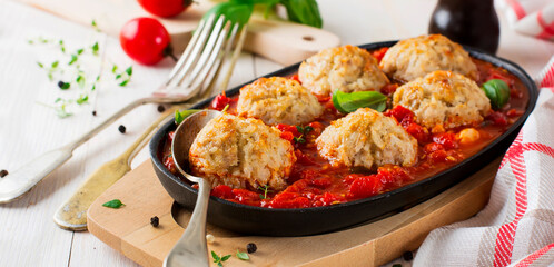 Meatballs. Homemade meatballs with tomato sauce on a plate on a table. Italian cuisine. Selective focus.