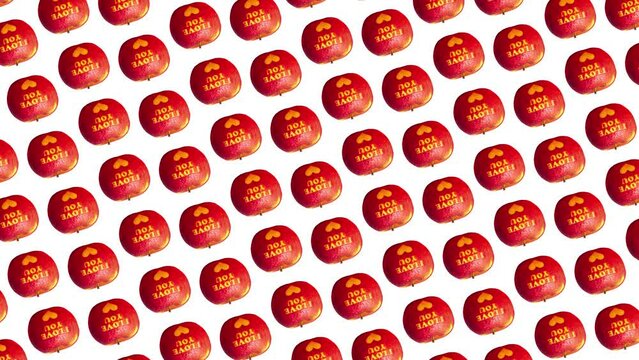 Motion graphics pattern with many Ripe red apples with the inscription I love you that wiggle/circular rotation on a white color background. 3 in 1 different sides and size animations for 10 sec. Love