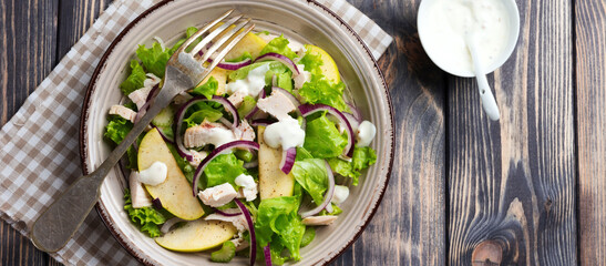 Salad with lettuce, apple, celery, onion and chicken on the gray plate on dark wooden background.Selective focus.Top view.