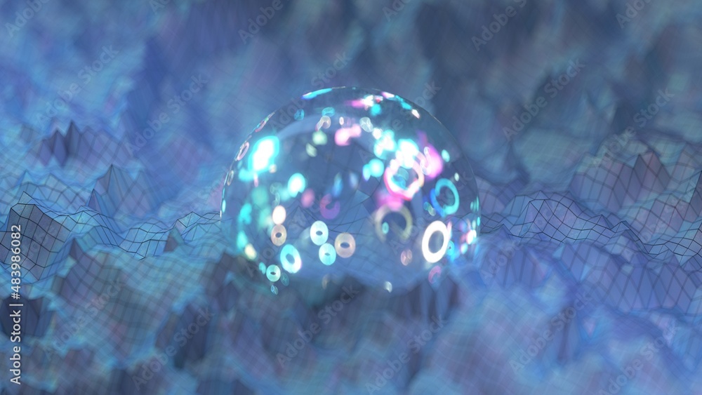 Poster sphere and wireframe landscape. big data visualization concept. 3d rendering illustration