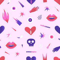 Dangerous hearts. Seamless pattern. Creative Valentines Day design. Contemporary art. Mystical vector illustration in pink and purple colors. Unique style. Wallpaper, wrapping paper, textile