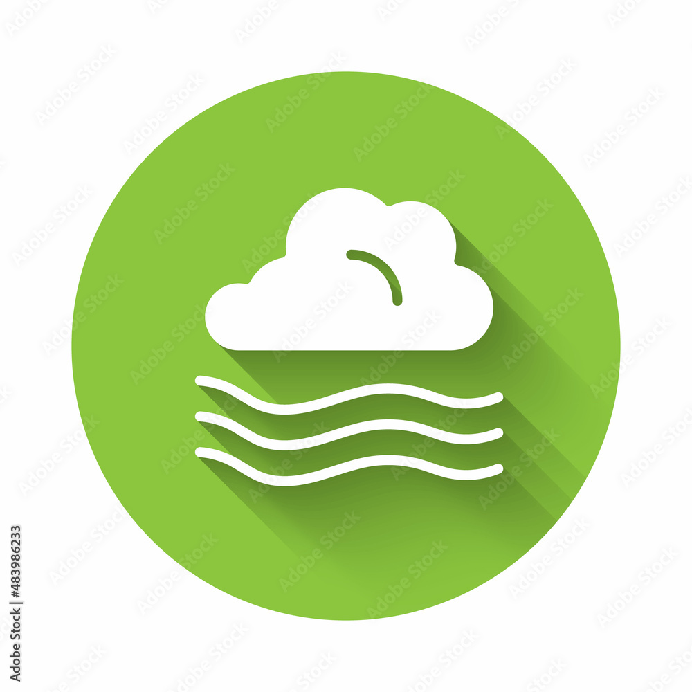 Poster white windy weather icon isolated with long shadow. cloud and wind. green circle button. vector