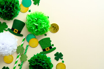 St Patrick's Day banner design. Irish leprechauns hats, golden coins and shamrock clovers. Happy...