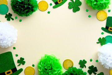 St Patricks Day background with green leprechauns hats, shamrock clover, gold coins, decorations....