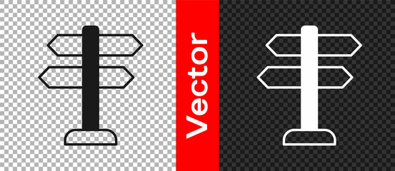 Black Road traffic sign. Signpost icon isolated on transparent background. Pointer symbol. Isolated street information sign. Direction sign. Vector