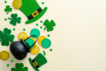 Happy St. Patrick's Day banner design. Flat lay composition with shamrock, pot of gold coins ,...
