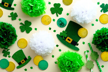 Saint Patrick's day composition with clover shamrock, leprechaun hats, gold coins, party...