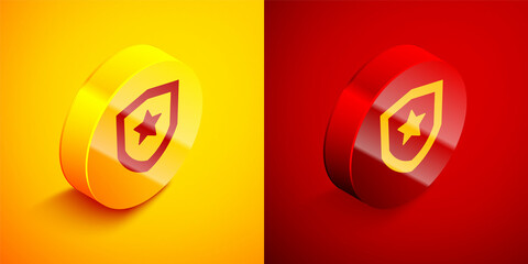 Isometric Police badge icon isolated on orange and red background. Sheriff badge sign. Circle button. Vector