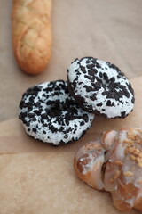 Food is on the table. Sweets and bread products