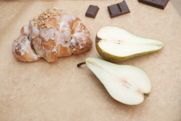 Food is on the table. Sweets and bread products