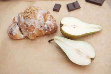 Food is on the table. Sweets and bread products